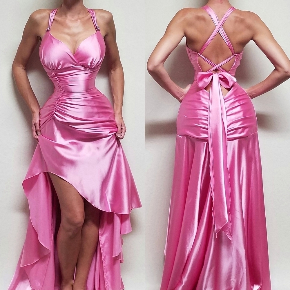 BarbieCore 90s Vintage Jessica McClintock Gunne Sax Pink Satin High Low Dress L - Picture 1 of 16